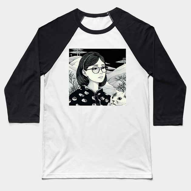 Black and white portrait of woman with cat Baseball T-Shirt by KOTYA